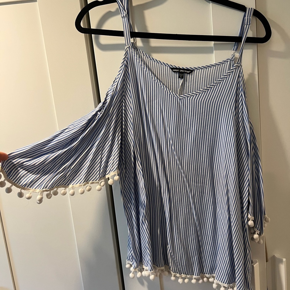 Striped Blue Women's Top with Pom-Pom Trim